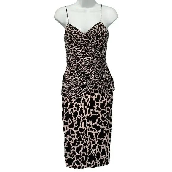Vintage 80s Pink Black Leopard Ruched Peplum Sleeveless Silk Mini Dress size 4 - Picture 3 of 13